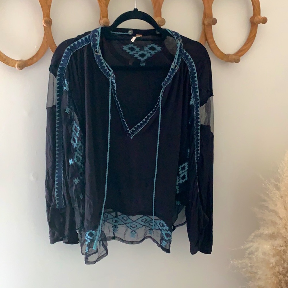 Free People black with blue embroidery